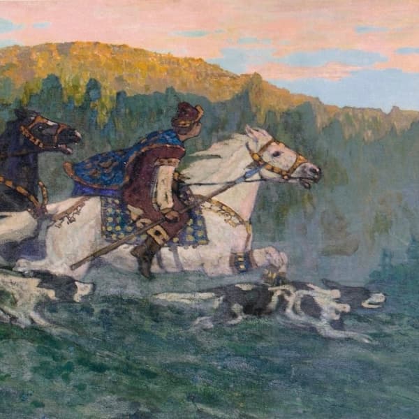Княжья охота утром (Николай Рерих), фрагмент