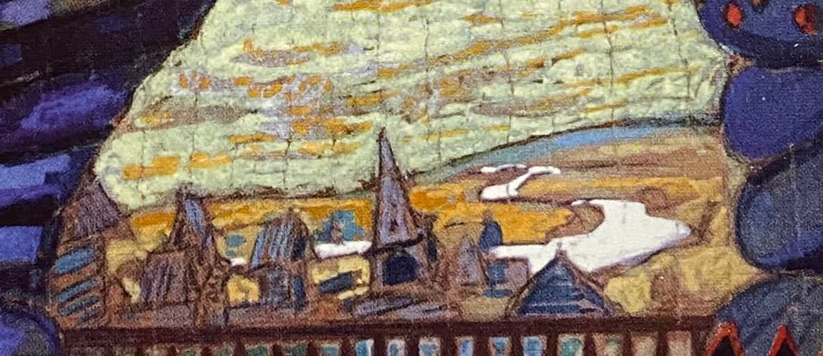 Гульбище (Николай Рерих), фрагмент картины с видом на деревню