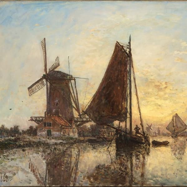 В Голландии. Лодки у мельницы (Ян Бартолд Йонгкинд), фрагмент